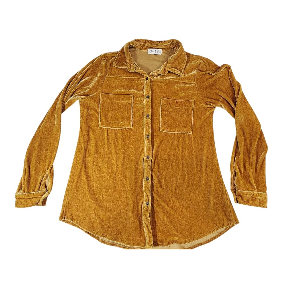 Style U Velvet Button Down Shirt Womens Medium Mustard Yellow Long Sleeve Boho